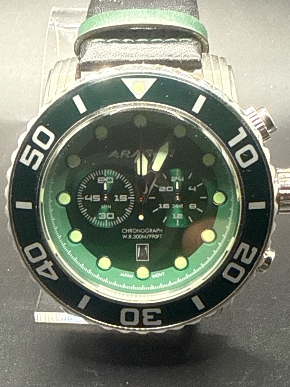 Aragon Watch A175 Green Dial New Battery Rare Discontinued Black Leather Band